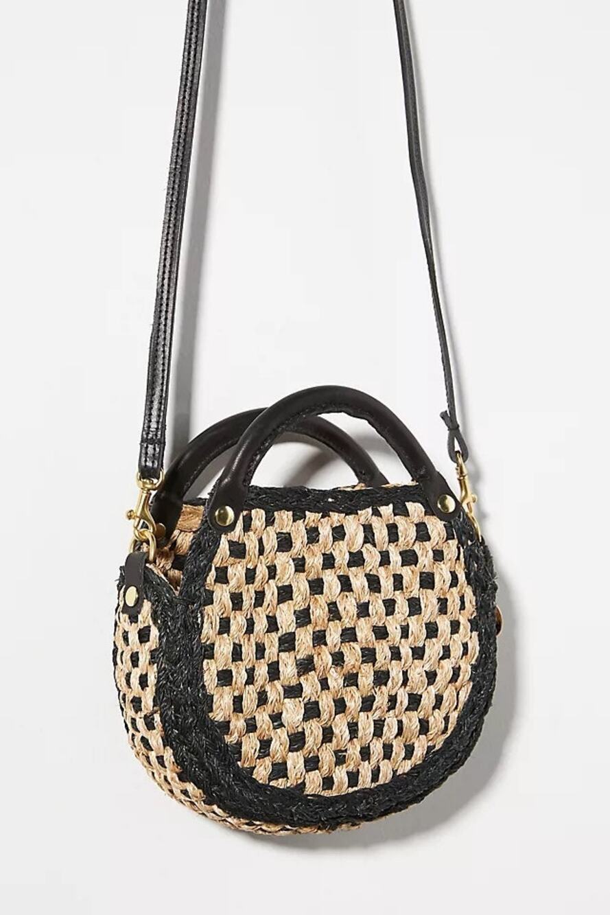 Claire V Lil Bebe Raffia Bag Crossbody in Black and Natural